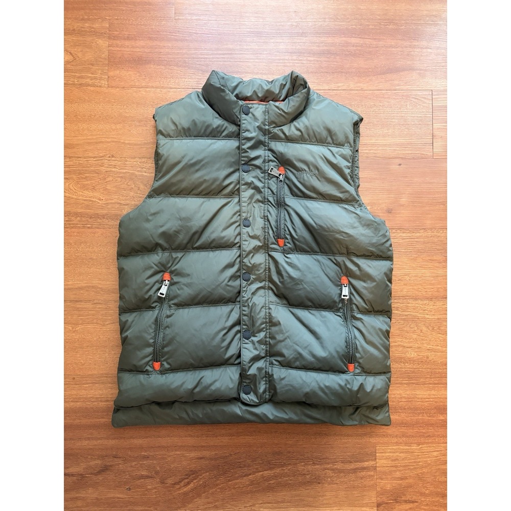 Orvis Men's M Down Puffer Vest Olive Green Orange Lined 80% Duck Down Outdoor
